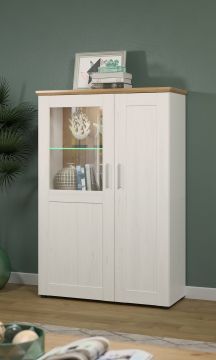 Kolomkast-bijzetkast Shade - Lage vitrinekast 95x140cm in een dekor van wit gekalkt grenen en eik Wit-bruin 38x95 cm – stijlvol en praktisch