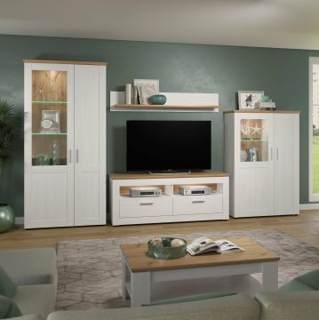 Complete tv-wand Shade - woonwand tv wand 368x194cm in een dekor van wit gekalkt grenen en eik Wit-bruin 45x368 cm – stijlvol en praktisch