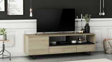 Tv-meubel Harvey Tv meubel 1 deur en 2 lades 148x46cm in een decor van eik met zwart 45x147 cm – stijlvol en praktisch