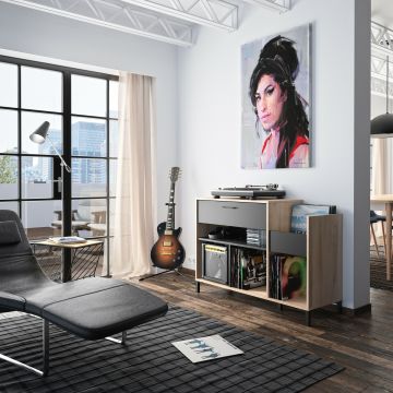 Tv-meubel Stereokast 115cm voor vinylplaten CHICAGO lichte eik en zwart 40x115 cm – stijlvol en praktisch