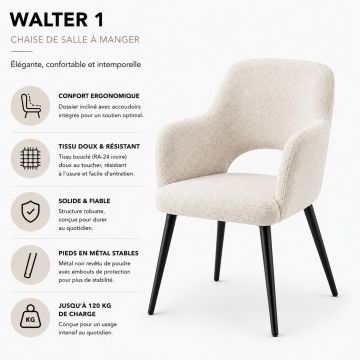 Walter 1 eetkamerstoel met armleuningen - ivoor bouclé stof (RA-24)