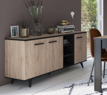 Commode Dressoir Wayne 160cm met 3 deuren en 3 open ruimtes in melamine sonoma eik en zwart Bruin zwart 43x160 cm – stijlvol en praktisch