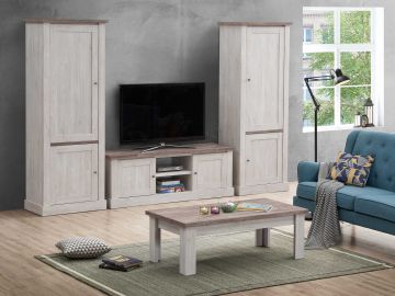Complete tv-wand TV-wand Elyna-3 van 305 cm landelijke stijl witte eik met  bruine top 45x305 cm – stijlvol en praktisch