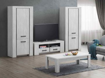 Complete tv-wand TV-wand Elvis 300cm witte eikkleur bestaande uit Tv-meubel met 2 x kolom volle deur Witte eik 45x300 cm – stijlvol en praktisch