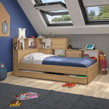 1-persoonsbed Erwan  artisan eik-wit bedkader met opberging  90x200cm Wit-bruin 221x120 cm – stijlvol en praktisch