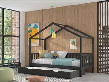 1-persoonsbed Huisbed Kansas met hek - 90x200cm antraciet met bedlade Antraciet 97x211 cm – stijlvol en praktisch