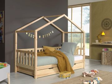 1-persoonsbed Huisbed Kansas met hek - 90x200cm natuur met bedlade Transparante lak, naturel hout 97x211 cm – stijlvol en praktisch