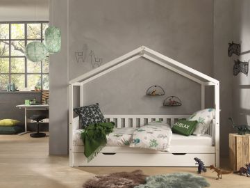 1-persoonsbed Huisbed Kansas met hek - 90x200cm wit met bedlade Wit 97x211 cm – stijlvol en praktisch