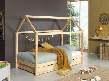 1-persoonsbed Huisbed Finn 1 -90X200cm natuur met bedlade Transparante lak, naturel hout 97x211 cm – stijlvol en praktisch