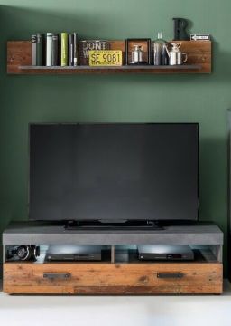 Tv-meubel 2 delige set -Tv meubel Indy met muurplank - decor oud hout met grijs Bruin Oud hout- matera grijs metaal 40x139 cm – stijlvol en praktisch