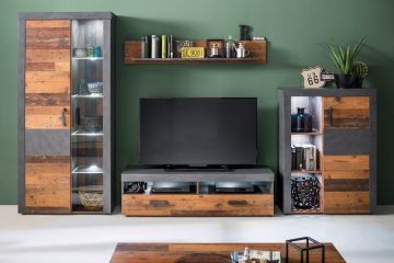Complete tv-wand 4 delige TV-wand meubelset Indy 343 cm - decor oud hout met grijs Bruin Oud hout- matera grijs metaal 40x343 cm – stijlvol en praktisch
