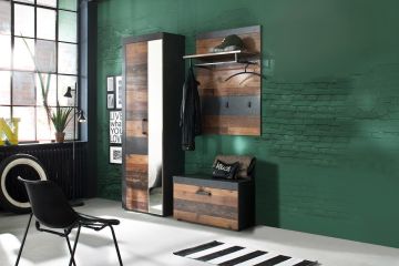 Inkomhal Indy - 3 delige set 160cm garderobe - vestiaire - inkomhal - decor oud hout met grijs Bruin Oud hout- matera grijs metaal 37x160 cm – stijlvol en praktisch