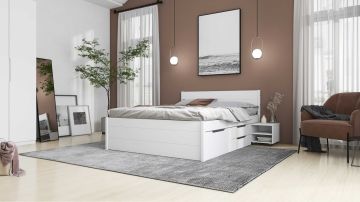 Lit double Interlink Efetivo avec rangements et chevets intégrés - Pin massif - Blanc - 140, 160 ou 180 x 200 cm