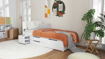 Interlink Efetivo eenpersoonsbed met opbergruimte en uitschuifbaar nachtkastje - 90 x 200 cm - Massief grenen - Wit