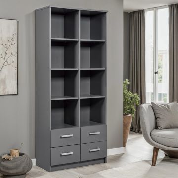 Interlink Elenzio boekenkast - 4 lades - 8 open vakken - Grafietgrijs - 81,5 x 40 x 191,2 cm