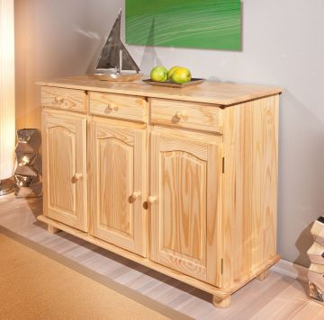 Dressoir Landelijk 3 deurs buffet-dressoir Abaco in massieve den Transparante lak, naturel hout 43x130 cm – stijlvol en praktisch