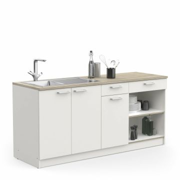 Keuken keukenkast - onderkast Cooking 180cm in witte melamine met eiken blad witte eik met  bruine top 60x180 cm – stijlvol en praktisch