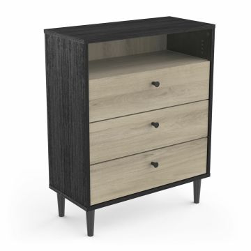 Commode Arty  zwart-bruin - ladekast 3 laden en open nis - 61x76cm Sonoma eik-zwart 28x60 cm – stijlvol en praktisch