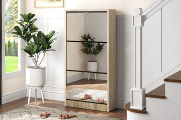Meuble à chaussures Mex avec miroir - 3 abattants - Chêne Sonoma