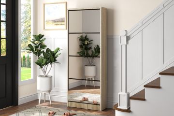 Meuble à chaussures Marcel avec miroir - 4 abattants et rangement - Chêne Sonoma