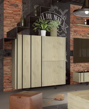 Vitrine Russel - barmeubel 140cm  in licht eiken Lichte eik met gemarmerd bovenblad 46x140 cm – stijlvol en praktisch