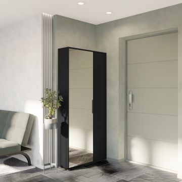 Meuble à chaussures EBONY avec miroir – 2 portes – Décor noir structuré

