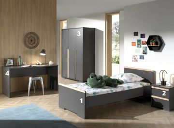 Complete set kinderkamer Londen antraciet -4-delige set met 3 deurs kledingkast Antraciet – stijlvol en praktisch