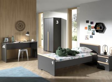 Complete set kinderkamer Londen antraciet -4-delige set met 2 deurs kledingkast Antraciet – stijlvol en praktisch