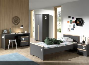 Complete set kinderkamer Londen antraciet -5-delige set met 2 deurs kledingkast Antraciet – stijlvol en praktisch