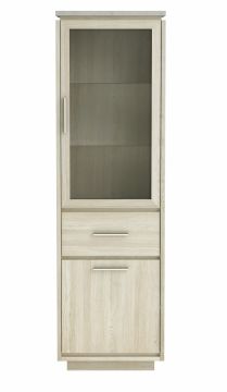 Vitrine Smalle vitrine 1 glasdeur, 1 lade en een deur Cordoue in lichte eik melamine Lichte eik met gemarmerd bovenblad 39x56 cm – stijlvol en praktisch