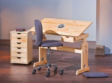 Bureau Tekentafel-kinderbureau JULIA in massieve den in de hoogte verstelbaar en kantelbaar tafelblad Transparante lak, naturel hout 55x109 cm – stijlvol en praktisch