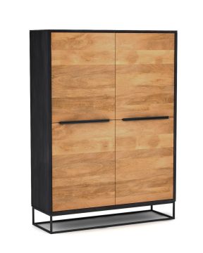 Vitrine Toulouse Barkast highboard 4 deuren zwart gelakt mangohout met bruine fronten op metalen kader zwart en mango natuur 40x120 cm – stijlvol en praktisch