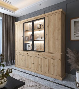 Vitrinekast / barkast /highboard Balencia lichte eik - grote woonwand  4 deuren 240cm met Led verlichting Lichte eik 39x239 cm – stijlvol en praktisch