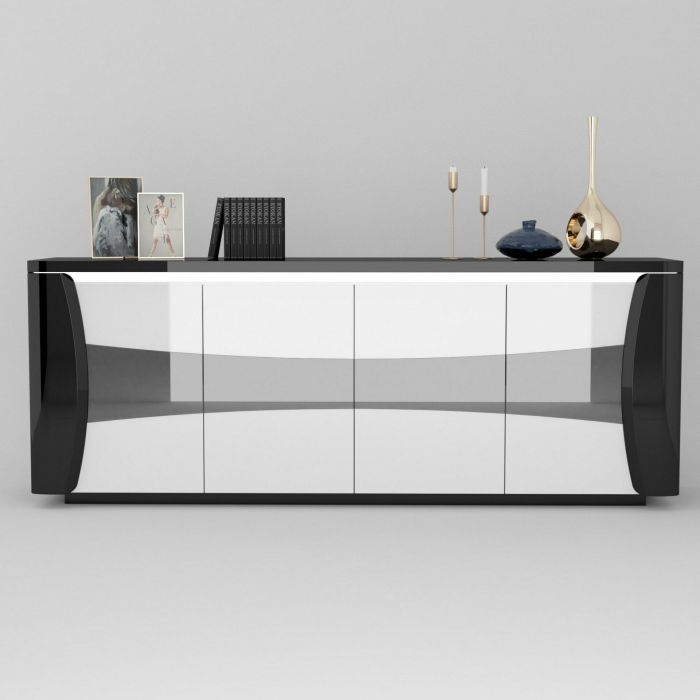 TIAGO noir-blanc laqué - Buffet - dressoir 4 portes 220cm éclairage Led inclus Bahut / Buffet | SCI_19SB3040 | TIAGO noir-blanc laqué - Buffet - dressoir 4 portes 220cm éclairage Led inclus