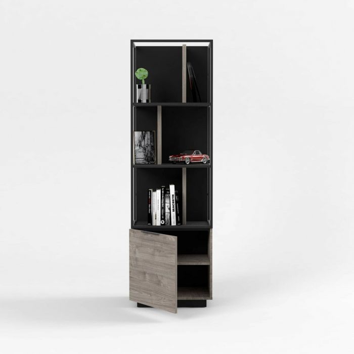 Strong - Collonne bibliothèque 55cm en chêne gris et métal noir Meuble colonne étroite | SCI_20SC3410 | Strong - Collonne bibliothèque 55cm en chêne gris et métal noir