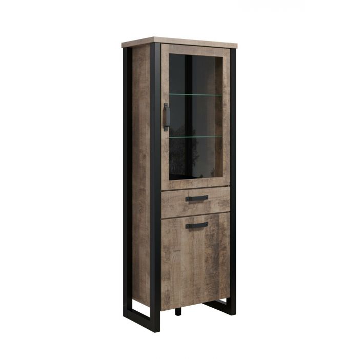 Emile - Smalle vitrinekast 70x195cm in mango decor met zwarte zijbalken main product photo