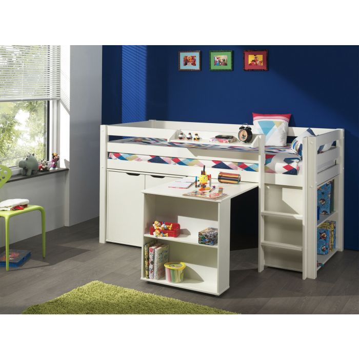 Kinderkamer - Hoogslaper - Slaapkamer | VI-PICOHSBUBIKD14 | Halfhoogslaper vanessa wit met bureau, boekenkast en commode 