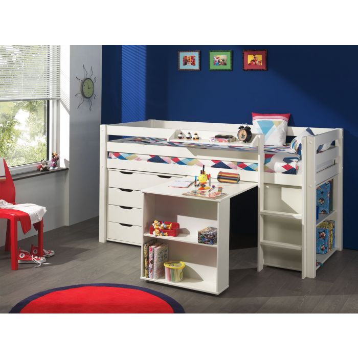 Kinderkamer - Hoogslaper - Slaapkamer | VI-PICOHSBUBIKS14 | Halfhoogslaper vanessa wit met bureau, boekenkast en ladekast-commode 