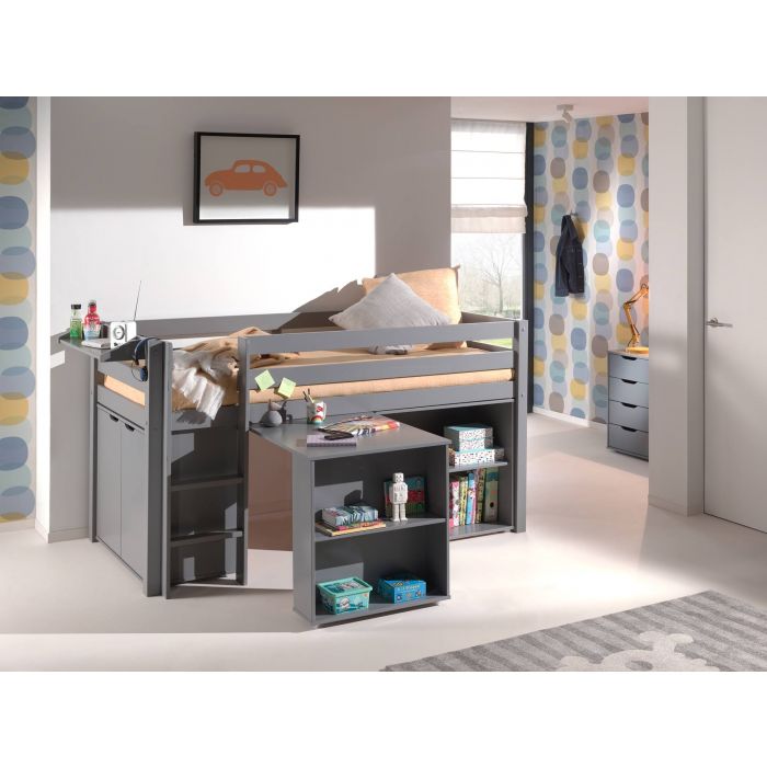 Lit mi-hauteur vanessa gris avec bureau, bibliothèque et chiffonier Chambre Enfant - Lit surélevé - Chambre à coucher | VI-PICOHSBUBIKS17 | Lit mi-hauteur vanessa gris avec bureau, bibliothèque et chiffonier