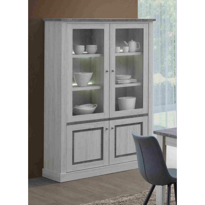 Vitrine Emma coloris en chêne blanc avec plateau marbré Armoire vitrée - Argentier - Argentier | O01-emma-BC_70083+led455 | Vitrine Emma coloris en chêne blanc avec plateau marbré