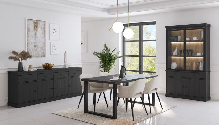 Vitrinekast met 4 deurtjes en ledverlichting - Houtlook en zwart - LABENIA